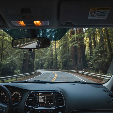 A car drives down a winding road through a dense forest of tall treesの写真素材