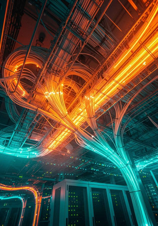 A futuristic data center with vibrant orange and blue glowing cables and wires