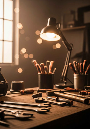 A well-organized workshop table with tools and a lamp in a cozy atmosphereの写真素材
