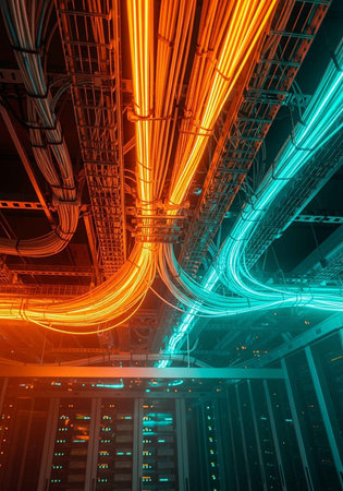 A futuristic data center with vibrant neon lights and complex server infrastructureの写真素材