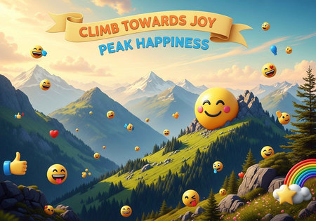 A vibrant mountain landscape with emojis and a banner promoting happiness and joyの写真素材