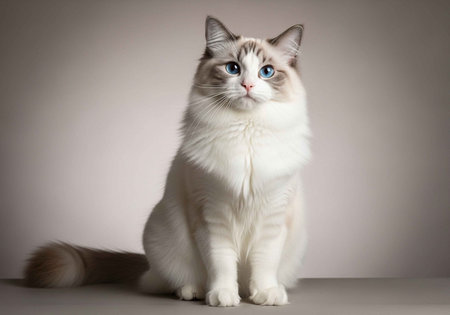 A beautiful white cat with blue eyes sitting on a plain backgroundの写真素材