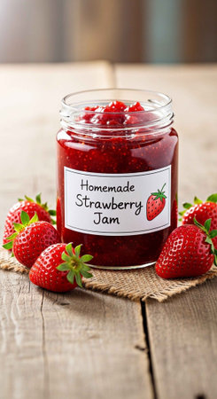 A jar of homemade strawberry jam surrounded by fresh strawberries on a wooden tableの写真素材