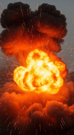 A massive explosion with a large cloud of smoke and fire in the airの写真素材
