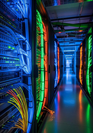 A modern data center with colorful cables and servers in a long corridor