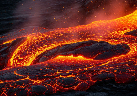 A dramatic landscape of molten lava flowing across a dark volcanic terrain at nightの写真素材
