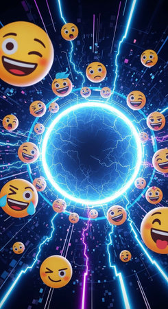 A vibrant digital illustration of various emojis surrounding a glowing blue portalの写真素材