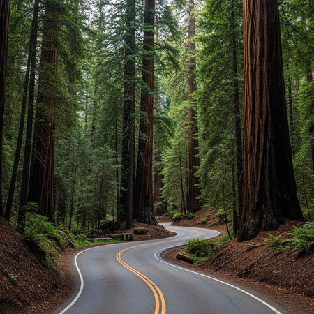 A winding road through a dense forest of tall trees with green foliageの写真素材