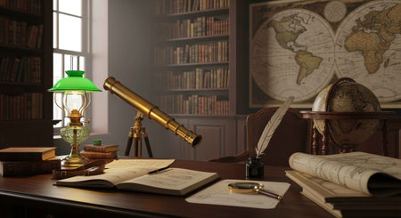 A vintage study with a telescope, books, and a globe on a wooden deskの写真素材