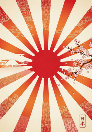 A vibrant illustration of a Japanese sun symbol with cherry blossoms and mountain rangeの写真素材