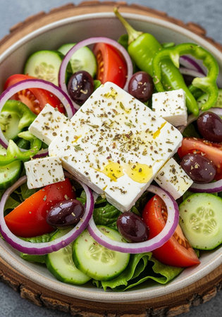 A delicious Greek salad with feta cheese, olives, and fresh vegetables in a bowlの写真素材