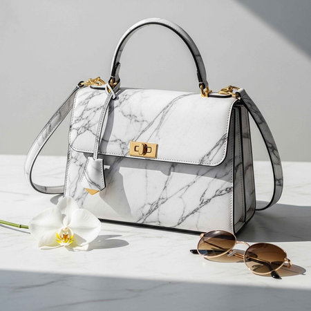 A stylish marble handbag with gold accents and sunglasses on a white surfaceの写真素材