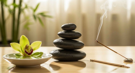 A serene spa setup with stones, incense, and an orchid in a peaceful environmentの写真素材