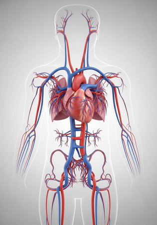 A detailed illustration of the human circulatory system with heart and blood vesselsの写真素材