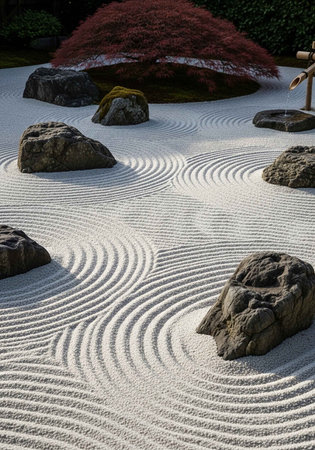 A serene Japanese garden with meticulously raked sand and strategically placed rocksの写真素材