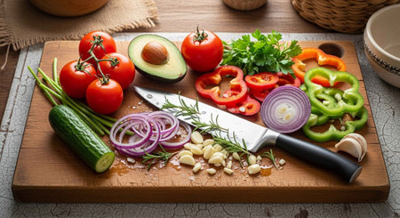 A wooden cutting board with various vegetables and a knife on a kitchen counter