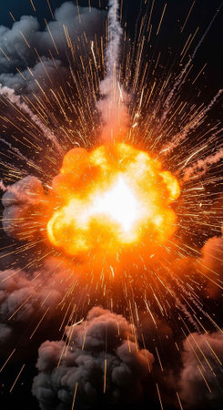 A massive explosion with bright orange flames and smoke in the dark skyの写真素材
