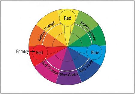 A colorful diagram of a circle with different sections of various hues and shadesの写真素材