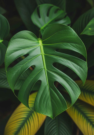 A large green leaf with holes in it surrounded by other leavesの写真素材