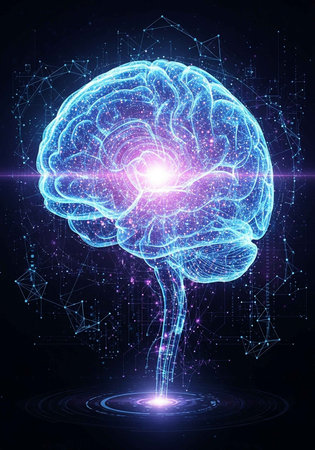 A glowing blue brain with a bright light in the center against a dark background