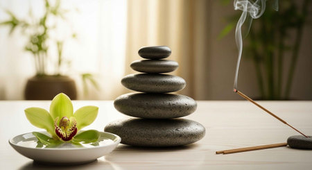 A serene spa setup with stacked stones, incense, and an orchid in a peaceful environmentの写真素材