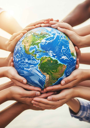 Diverse group of people holding a globe together in unity and cooperationの写真素材