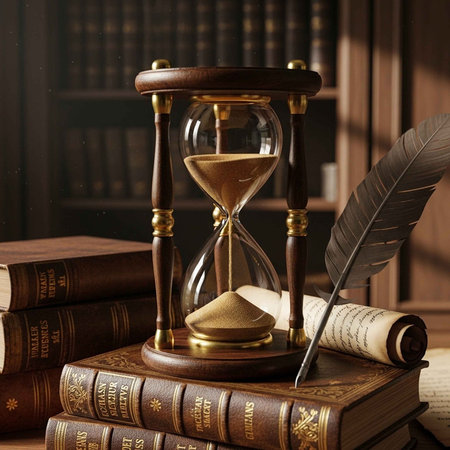 An hourglass and feather quill sit atop a stack of old leather-bound books