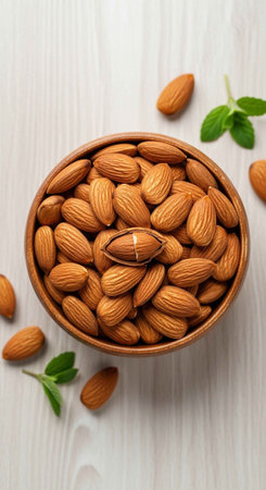 A bowl of almonds on a wooden surface with scattered leaves and nutsの写真素材