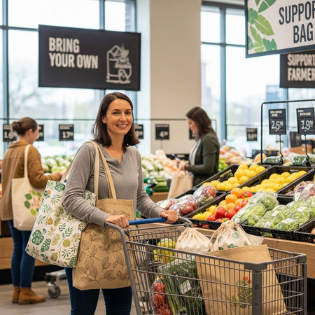 A smiling woman with reusable bags shopping for groceries in a modern supermarket aisleの写真素材