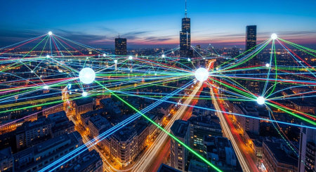 A cityscape at dusk with a network of colorful lines and lights connecting buildings