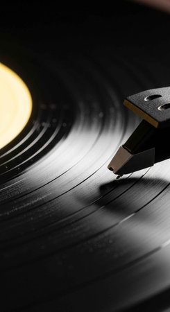 A close-up view of a vinyl record playing on a turntable in the darkの写真素材
