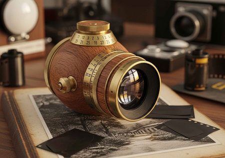 A vintage camera lens sits on a table surrounded by photography equipment and black cards.