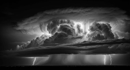 A dramatic black and white photo of a stormy sky with lightning illuminating the cloudsの写真素材
