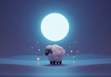 A cartoon sheep stands under a glowing moon in a serene digital landscapeの写真素材