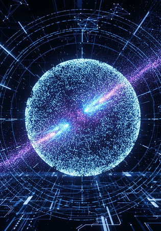 A futuristic digital illustration of a glowing blue sphere with vibrant purple accents
