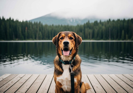 A happy dog sits on a wooden dock by a serene lake with mountains in the backgroundの写真素材