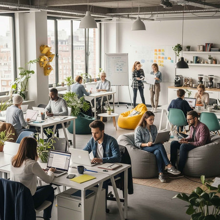 A group of diverse colleagues working together in a modern office space with natural light