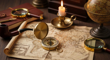 A vintage explorer's desk with antique navigation tools and a lit candle