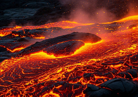 A dramatic landscape of molten lava flowing across a dark rocky terrain at nightの写真素材