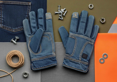 A pair of denim gloves and various tools on a colorful background