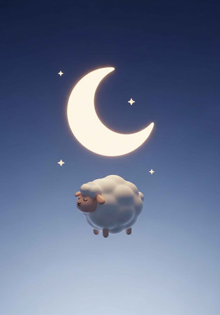A cartoon sheep floats in the air under a crescent moon and starsの写真素材