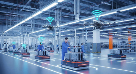 A futuristic factory floor with robots and workers in blue uniforms