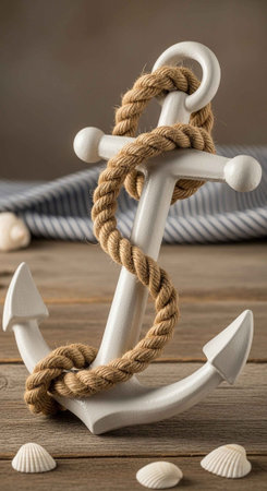 A white anchor with rope and seashells on a wooden table in a nautical settingの写真素材