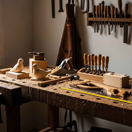 A cluttered woodworking workbench with various tools and wooden carvings in a workshop