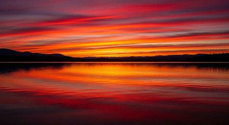 A serene lake at sunset with vibrant colors reflecting on the water's surfaceの写真素材