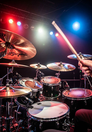 A drummer's hand holding a drumstick on a stage with colorful lights shining down