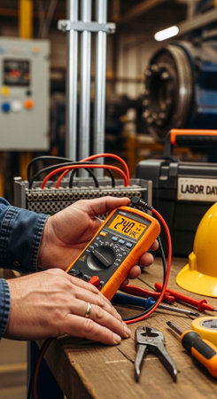 A person using a multimeter in an industrial workshop with various tools