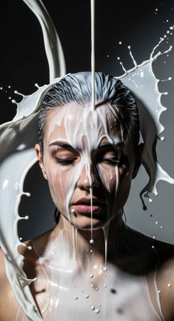 A woman with milk splashed on her face and body in a dark studio settingの写真素材