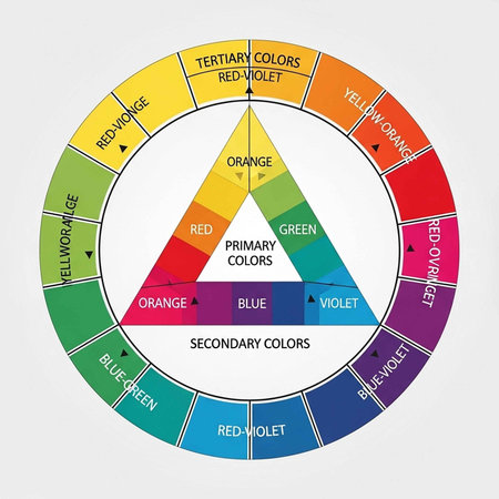 A color wheel diagram showing primary, secondary, and tertiary colors in a circular patternの写真素材