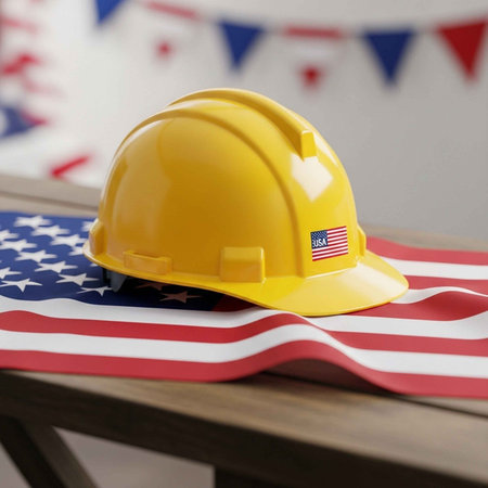 A yellow hard hat with an American flag sticker on a USA flagの写真素材